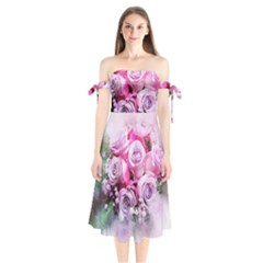 Flowers Roses Bouquet Art Abstract Shoulder Tie Bardot Midi Dress by Celenk