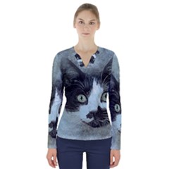 Cat Pet Art Abstract Vintage V-neck Long Sleeve Top by Celenk