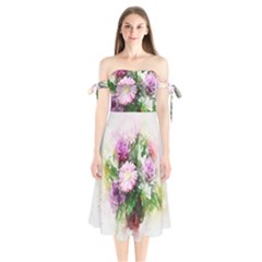 Flowers Roses Bouquet Art Nature Shoulder Tie Bardot Midi Dress by Celenk