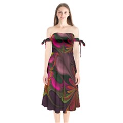 Fractal Abstract Colorful Floral Shoulder Tie Bardot Midi Dress by Celenk