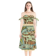 Medeival Ancient Map Fortress Shoulder Tie Bardot Midi Dress by Celenk