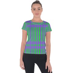 Bright Green Purple Stripes Pattern Short Sleeve Sports Top  by BrightVibesDesign