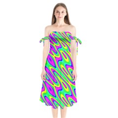 Lilac Yellow Wave Abstract Pattern Shoulder Tie Bardot Midi Dress by Celenk