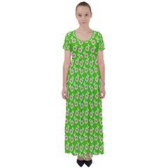 Square Flowers Green High Waist Short Sleeve Maxi Dress by snowwhitegirl