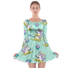 Magical Happy Unicorn And Stars Long Sleeve Skater Dress by Bigfootshirtshop