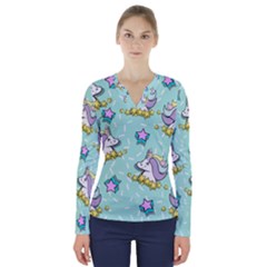 Magical Happy Unicorn And Stars V-neck Long Sleeve Top by Bigfootshirtshop