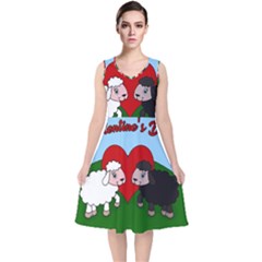 Valentines Day - Sheep  V-neck Midi Sleeveless Dress  by Valentinaart