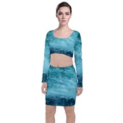 Green Ocean Splash Long Sleeve Crop Top & Bodycon Skirt Set by snowwhitegirl