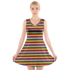 Horizontal Gay Pride Rainbow Flag Pin Stripes V-neck Sleeveless Skater Dress by PodArtist