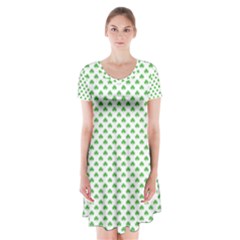 Green Heart-shaped Clover On White St  Patrick s Day Short Sleeve V-neck Flare Dress by PodArtist