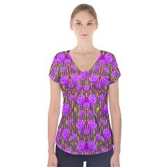 Roses Dancing On A Tulip Field Of Festive Colors Short Sleeve Front Detail Top by pepitasart