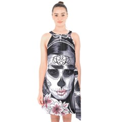 Day Of The Dead Sugar Skull Halter Collar Waist Tie Chiffon Dress by StarvingArtisan