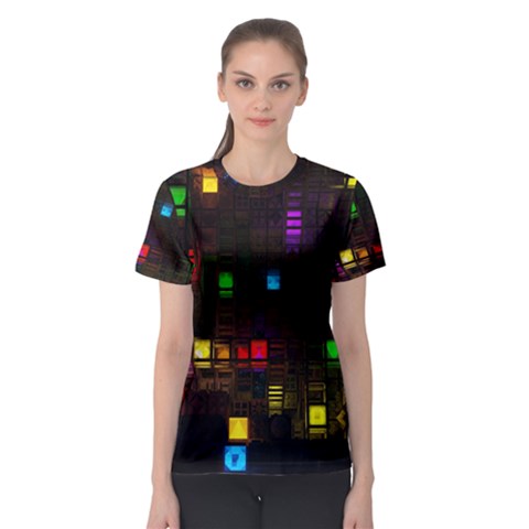 Abstract 3d Cg Digital Art Colors Cubes Square Shapes Pattern Dark Women s Sport Mesh Tee by Sapixe