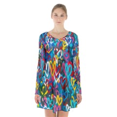 Graffiti Hearts Street Art Spray Paint Rad Long Sleeve Velvet V-neck Dress by genx