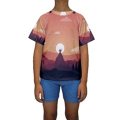 Design Art Hill Hut Landscape Kids  Short Sleeve Swimwear by Nexatart