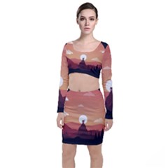 Design Art Hill Hut Landscape Long Sleeve Crop Top & Bodycon Skirt Set by Nexatart