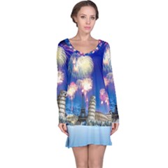 Happy New Year Celebration Of The New Year Landmarks Of The Most Famous Cities Around The World Fire Long Sleeve Nightdress by Sapixe