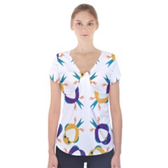 Pattern Circular Birds Short Sleeve Front Detail Top by Sapixe