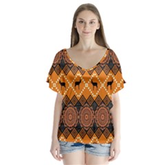 Traditiona  Patterns And African Patterns V-neck Flutter Sleeve Top by Sapixe