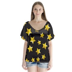 Yellow Stars Pattern V-neck Flutter Sleeve Top by Sapixe