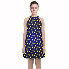 Star Christmas Red Yellow Velvet Halter Neckline Dress  by Sapixe