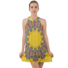 Star Quilt Pattern Squares Halter Tie Back Chiffon Dress by Simbadda