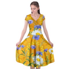 Flowers Daisy Floral Yellow Blue Cap Sleeve Wrap Front Dress by Simbadda