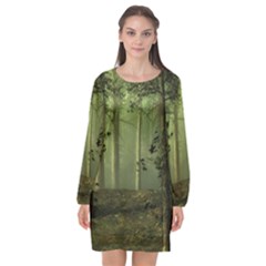 Forest Tree Landscape Long Sleeve Chiffon Shift Dress  by Simbadda