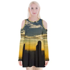 Skyline Sunset Buildings Cityscape Velvet Long Sleeve Shoulder Cutout Dress by Simbadda