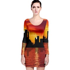 Skyline New York City Sunset Dusk Long Sleeve Velvet Bodycon Dress by Simbadda