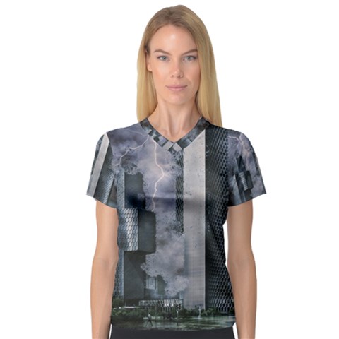 Digital Art City Cities Urban V-neck Sport Mesh Tee by Simbadda