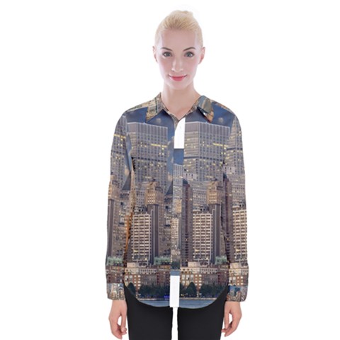 New York Skyline Manhattan Hudson Womens Long Sleeve Shirt by Simbadda