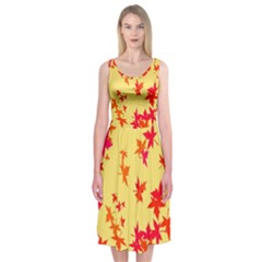 Leaves Autumn Maple Drop Listopad Midi Sleeveless Dress by Sapixe