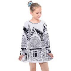 Line Art Architecture Old House Kids  Long Sleeve Dress by Sapixe