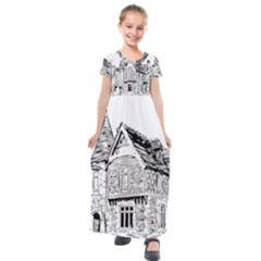 Line Art Architecture Old House Kids  Short Sleeve Maxi Dress by Sapixe