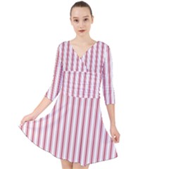 Mattress Ticking Wide Striped Pattern In Usa Flag Red And White Quarter Sleeve Front Wrap Dress by PodArtist