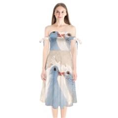 Doves In Love Shoulder Tie Bardot Midi Dress by FunnyCow