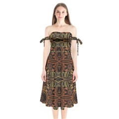 Brown And Gold Aztec Design  Shoulder Tie Bardot Midi Dress by flipstylezfashionsLLC