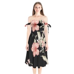 Beautiful Tropical Black Pink Florals  Shoulder Tie Bardot Midi Dress by flipstylezfashionsLLC