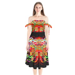 Colorful Artistic Retro Stringy Colorful Design Shoulder Tie Bardot Midi Dress by flipstylezfashionsLLC