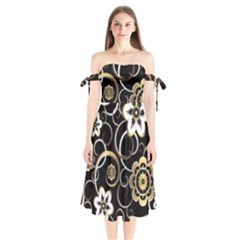 Beautiful Gold And White Flowers On Black Shoulder Tie Bardot Midi Dress by flipstylezfashionsLLC