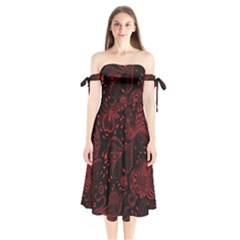 Seamless Dark Burgundy Red Seamless Tiny Florals Shoulder Tie Bardot Midi Dress by flipstylezfashionsLLC