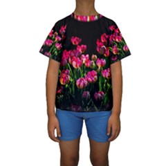 Pink Tulips Dark Background Kids  Short Sleeve Swimwear by FunnyCow