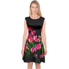 Pink Tulips Dark Background Capsleeve Midi Dress by FunnyCow