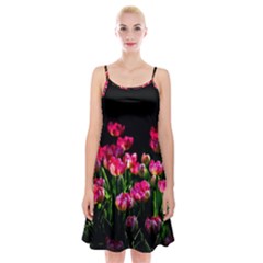 Pink Tulips Dark Background Spaghetti Strap Velvet Dress by FunnyCow