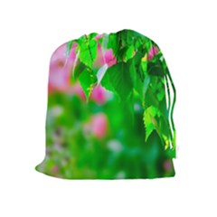 Green Birch Leaves, Pink Flowers Drawstring Pouches (extra Large) by FunnyCow