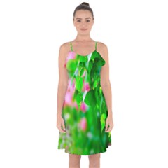 Green Birch Leaves, Pink Flowers Ruffle Detail Chiffon Dress by FunnyCow