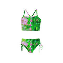 Green Birch Leaves, Pink Flowers Girls  Tankini Swimsuit by FunnyCow