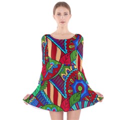 Pop Art Paisley Flowers Ornaments Multicolored 2 Long Sleeve Velvet Skater Dress by EDDArt