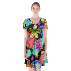 Colorful Retro Flowers Fractalius Pattern 1 Short Sleeve V-neck Flare Dress by EDDArt